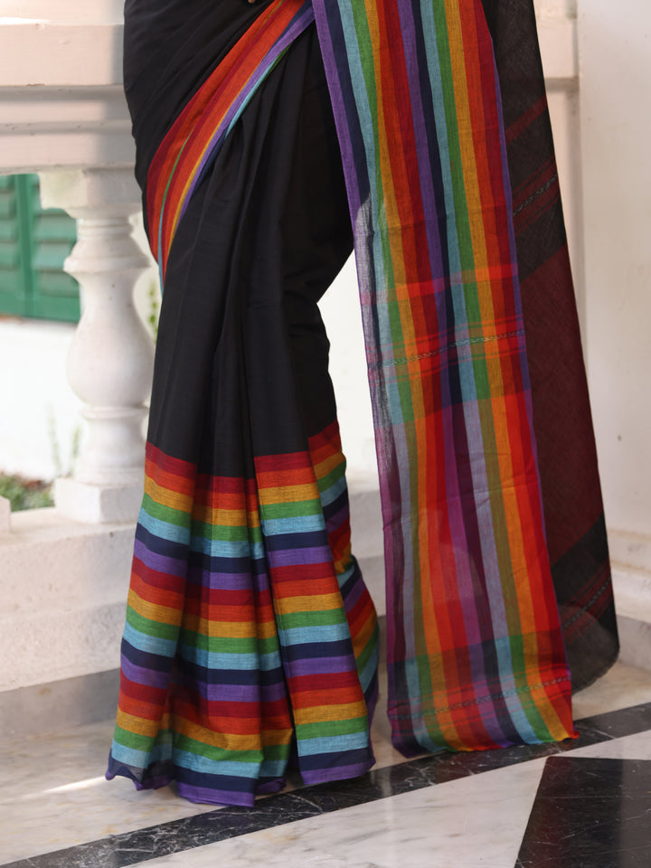 Rainbow Black Mulmul Cotton Saree
