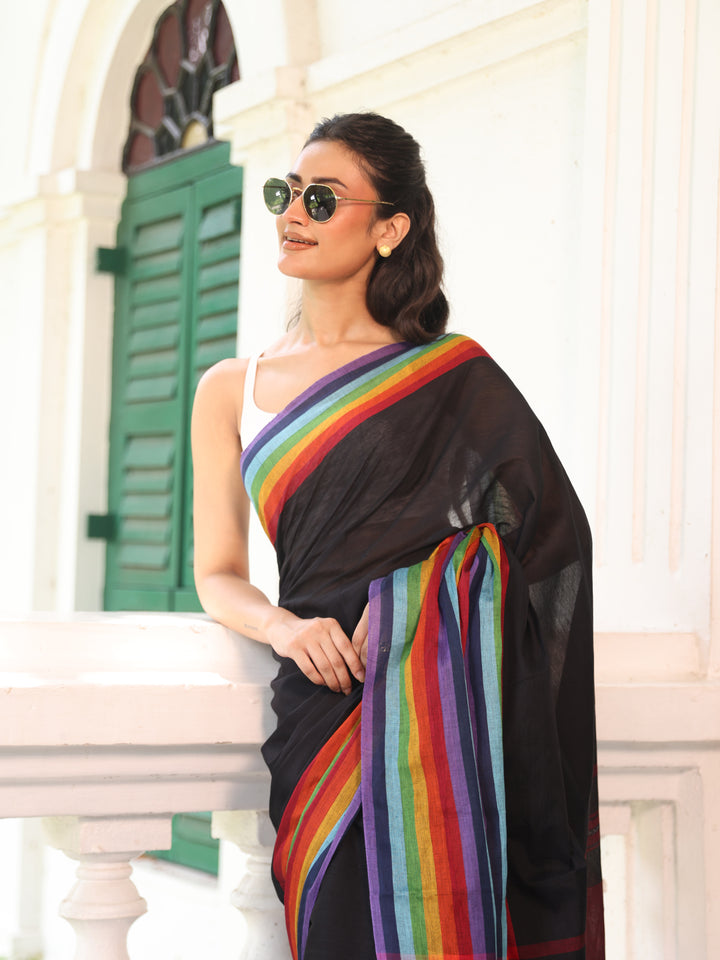 Rainbow Black Mulmul Cotton Saree