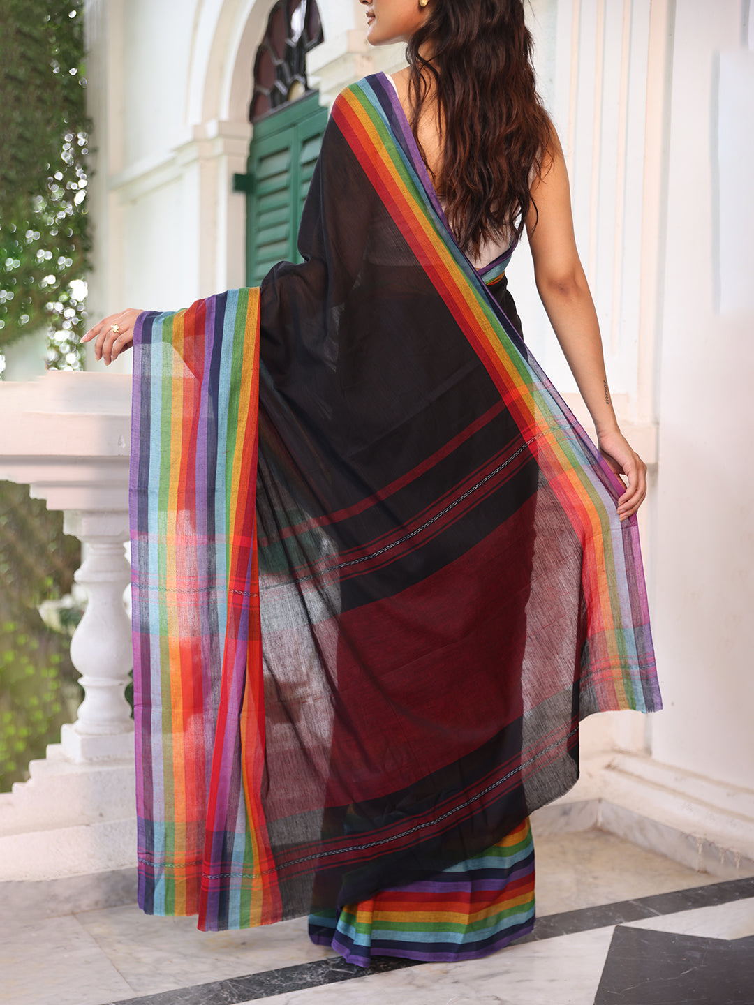 Rainbow Black Mulmul Cotton Saree