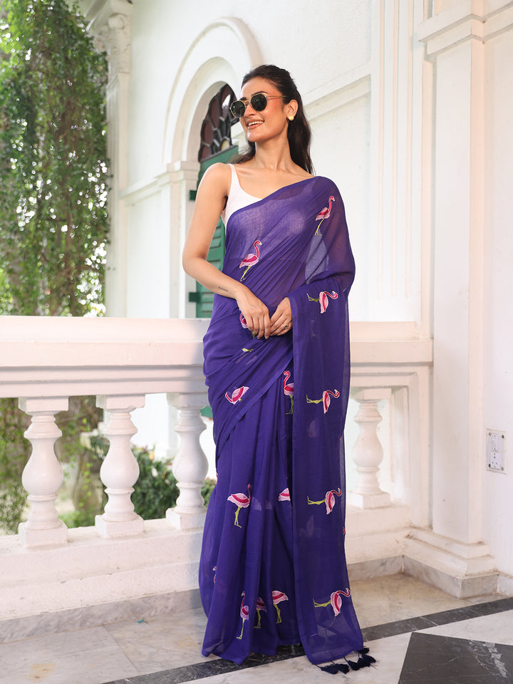 Purple Flamingo Mulmul Cotton Saree