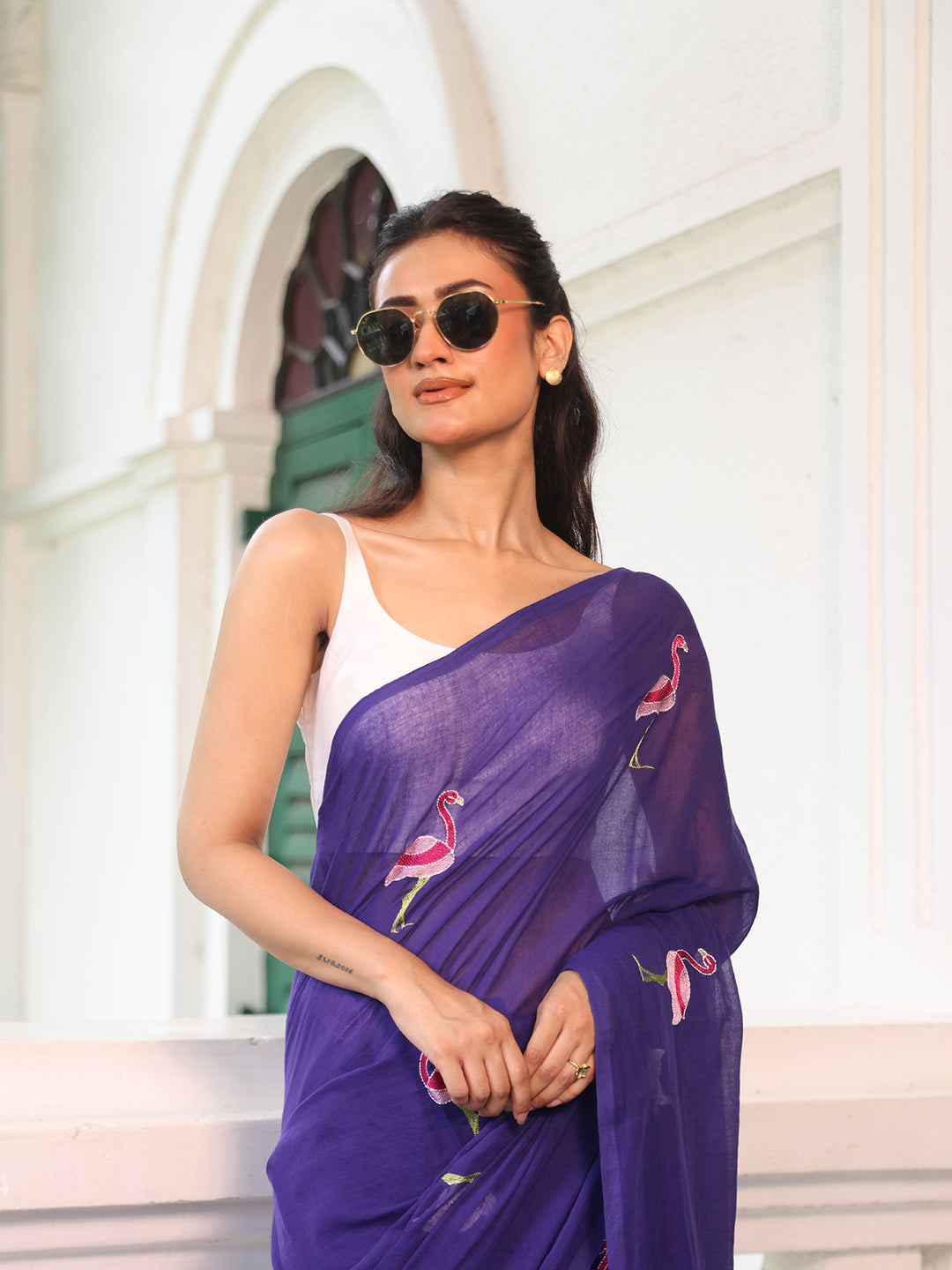 Purple Flamingo Mulmul Cotton Saree