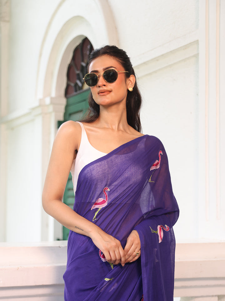 Purple Flamingo Mulmul Cotton Saree
