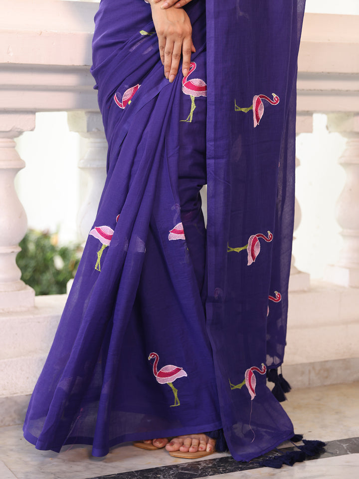 Purple Flamingo Mulmul Cotton Saree