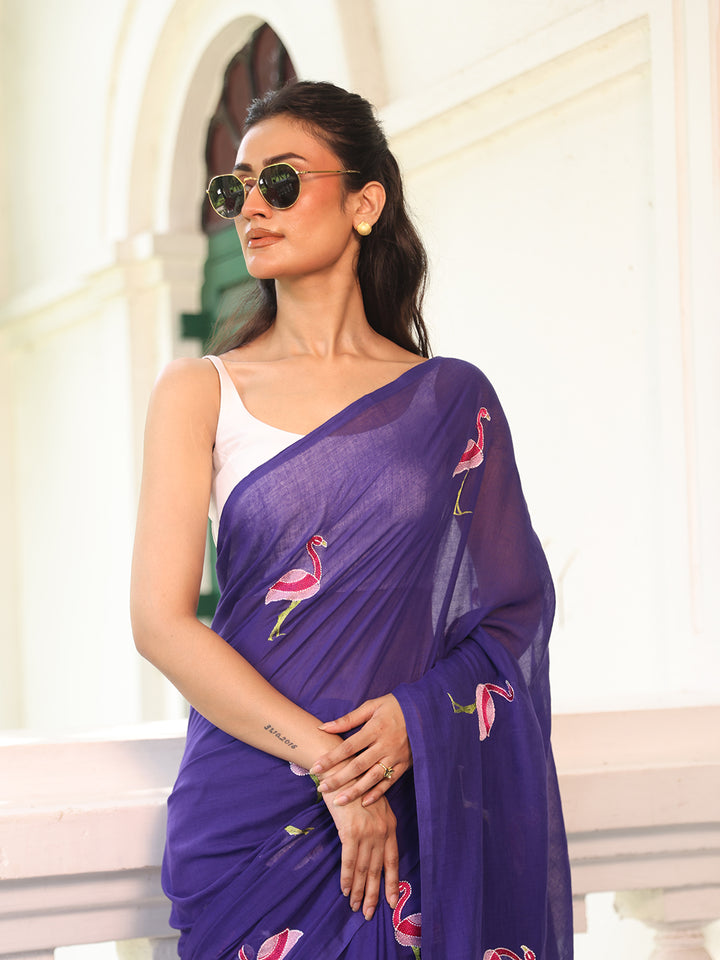 Purple Flamingo Mulmul Cotton Saree