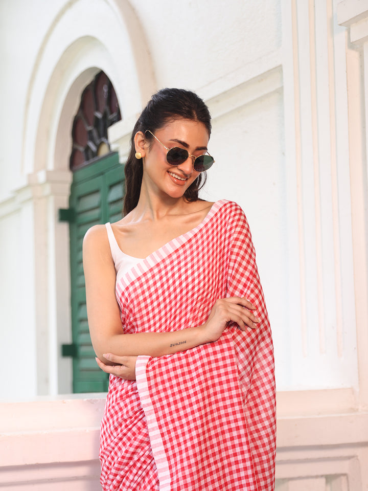 Gingham Check Red Mulmul Cotton Saree