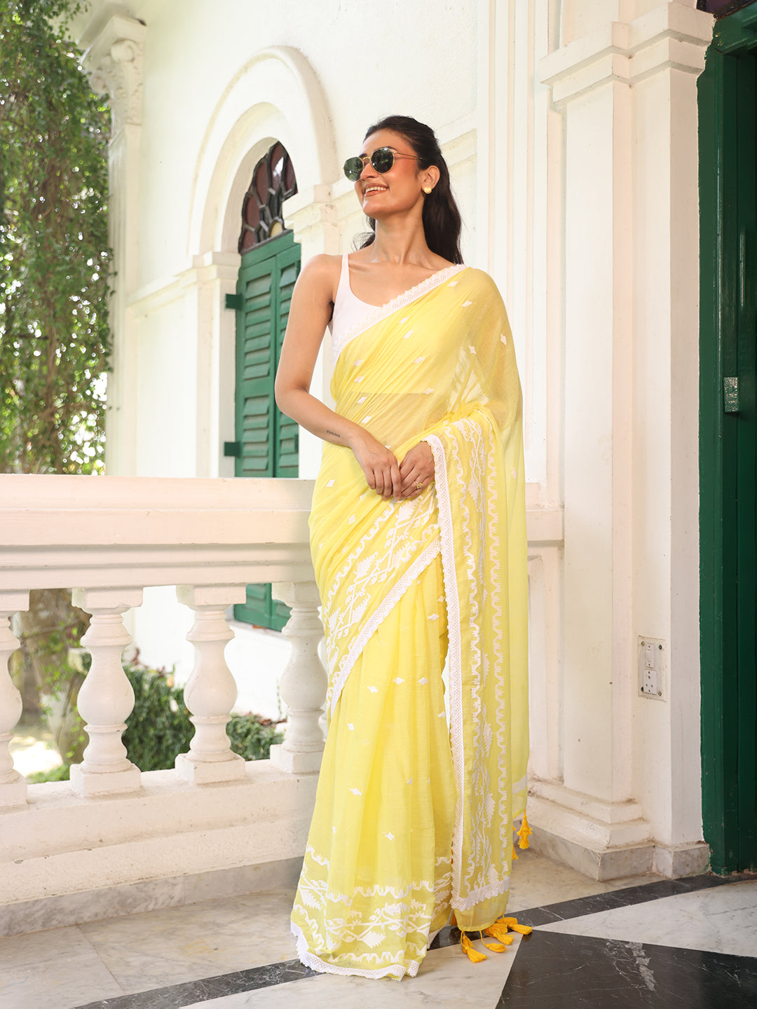 Yellow Jamdani Motifs Mulmul Cotton Saree