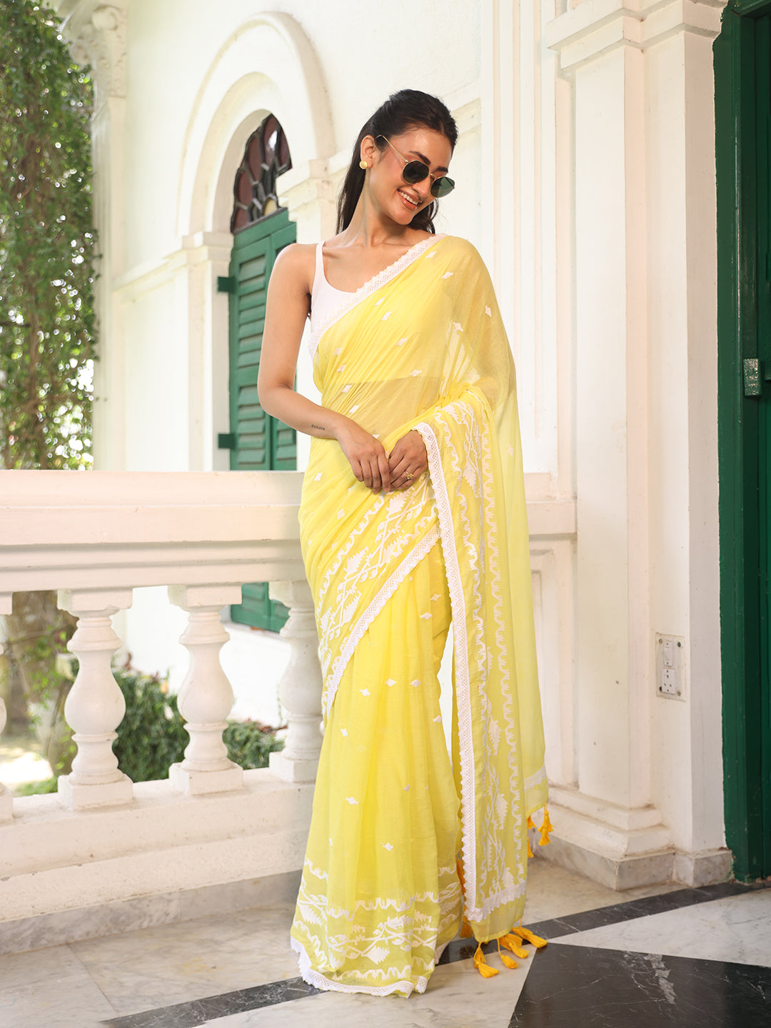 Yellow Jamdani Motifs Mulmul Cotton Saree