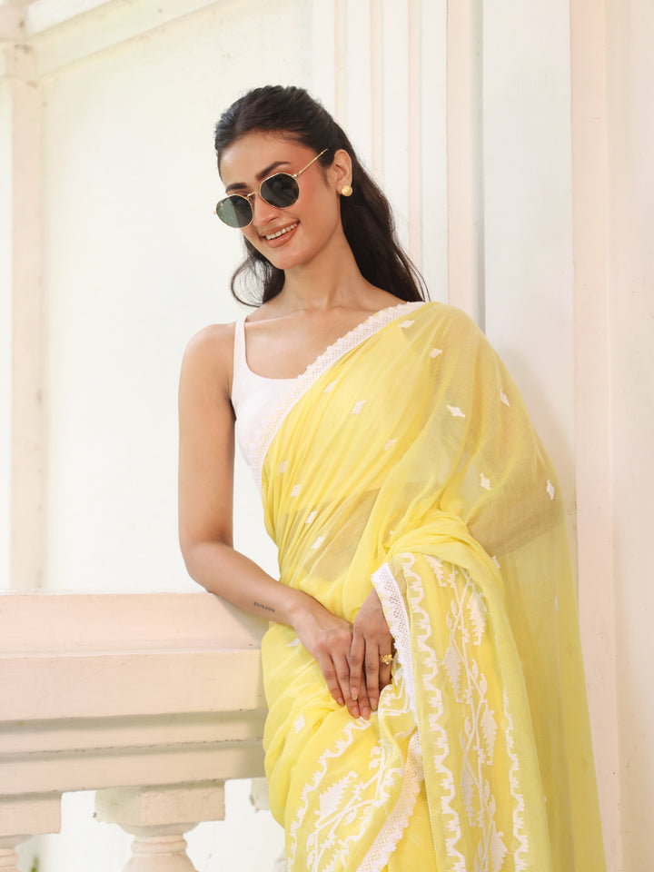 Yellow Jamdani Motifs Mulmul Cotton Saree