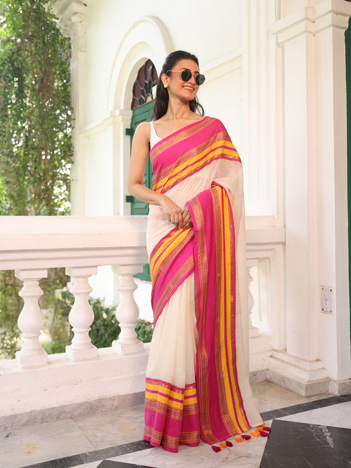 White Pink Border Mulmul Cotton Saree