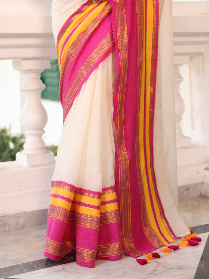 White Pink Border Mulmul Cotton Saree