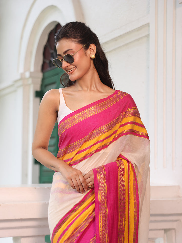 White Pink Border Mulmul Cotton Saree