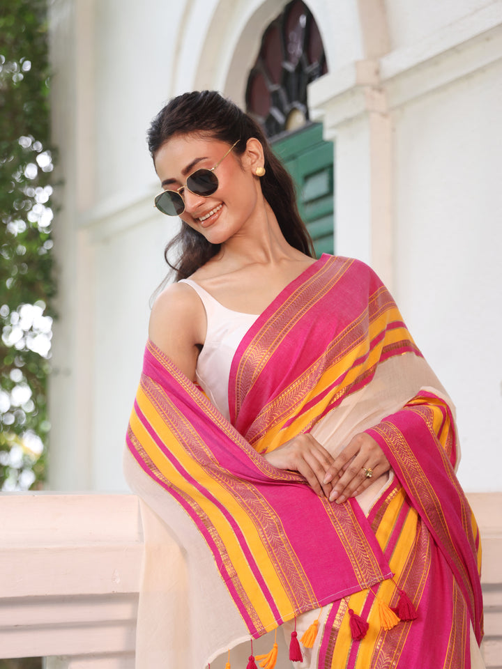 White Pink Border Mulmul Cotton Saree