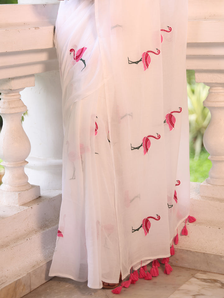 White Flamingo Mulmul Cotton Saree