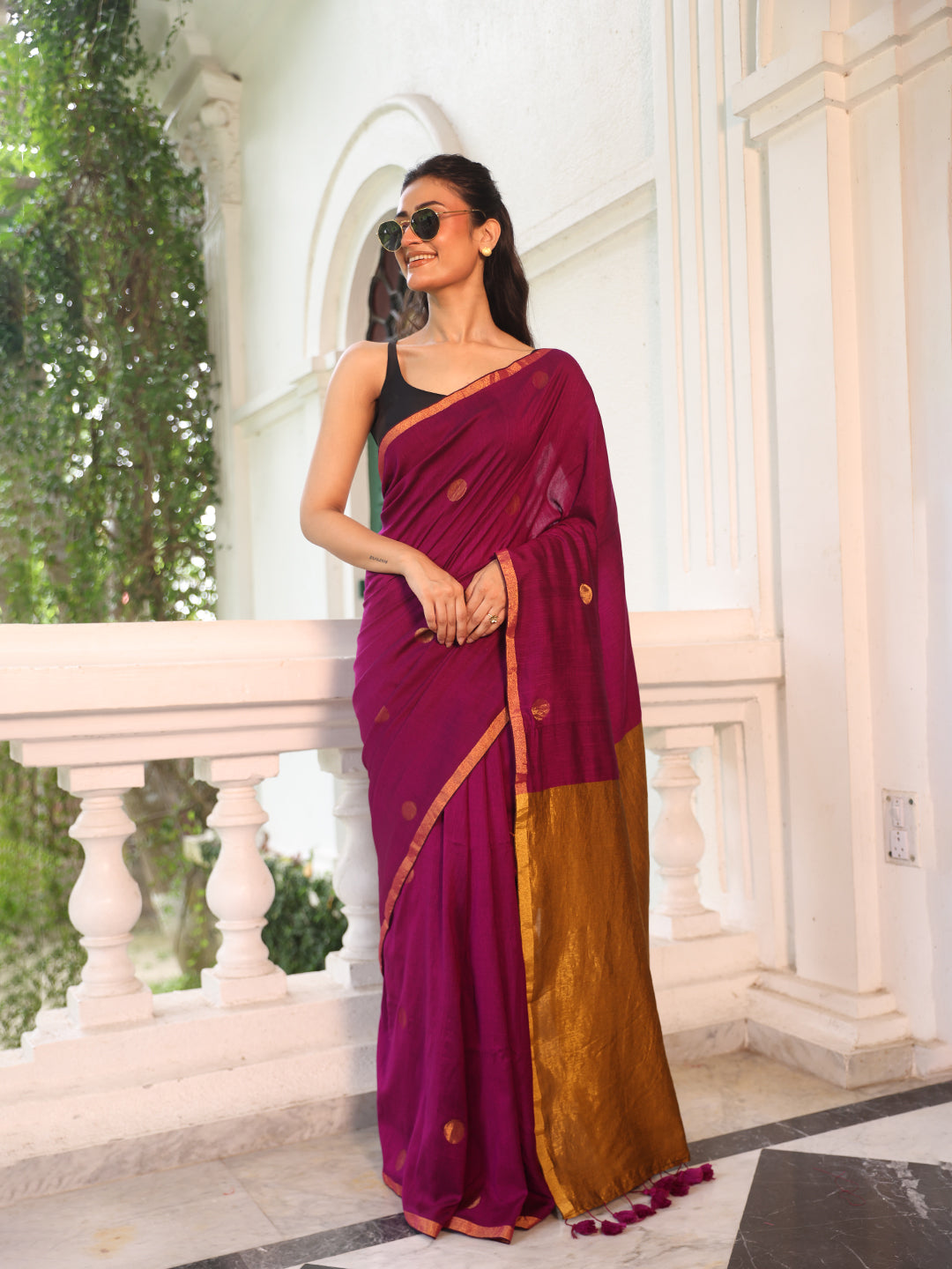 Purple Dots Mulmul Cotton Saree