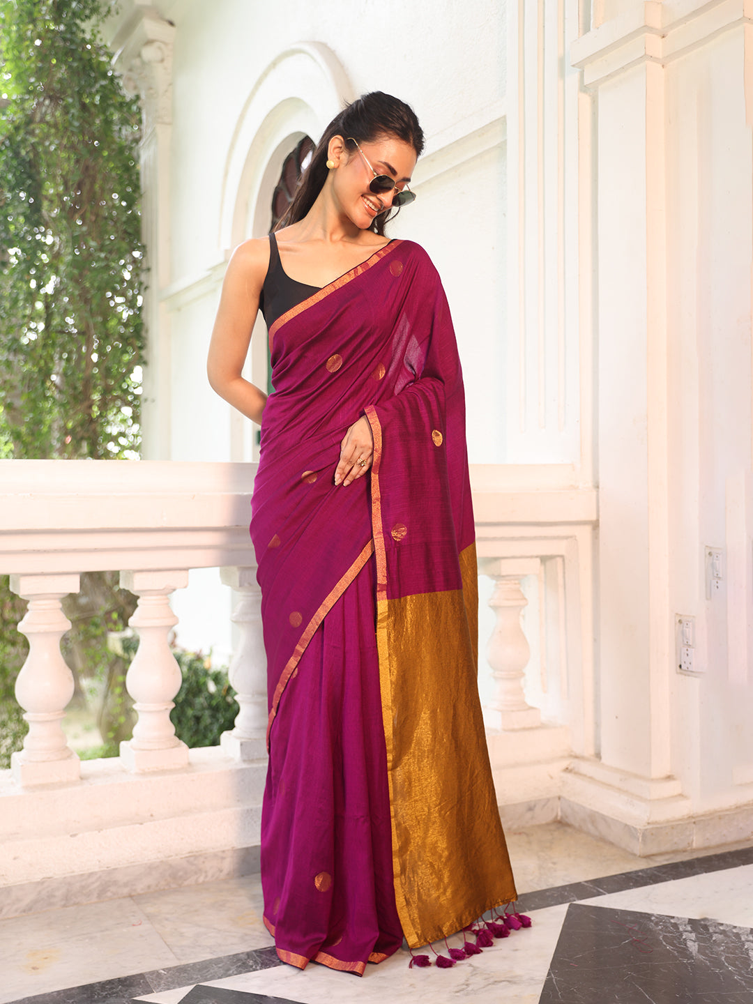 Purple Dots Mulmul Cotton Saree