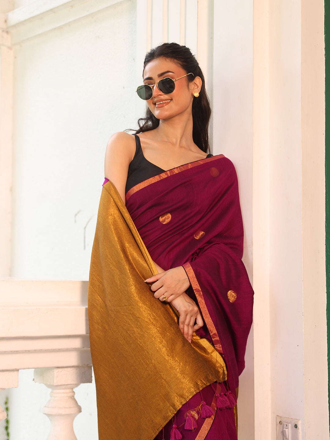 Purple Dots Mulmul Cotton Saree