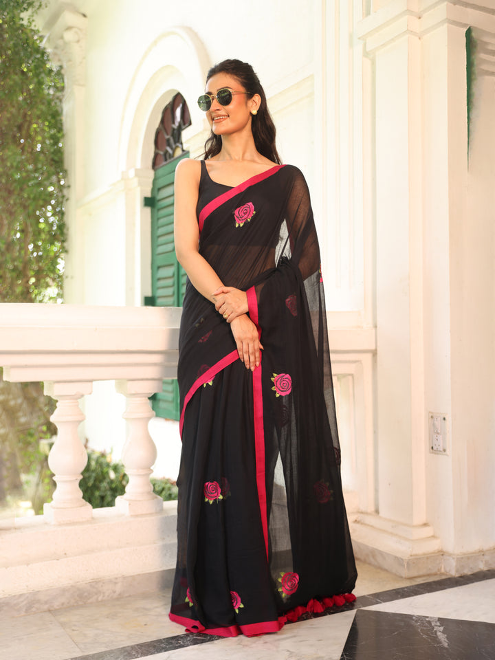 Black Rose Mulmul Cotton Saree