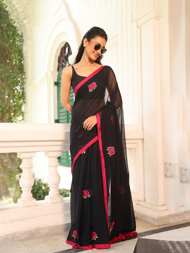 Black Rose Mulmul Cotton Saree
