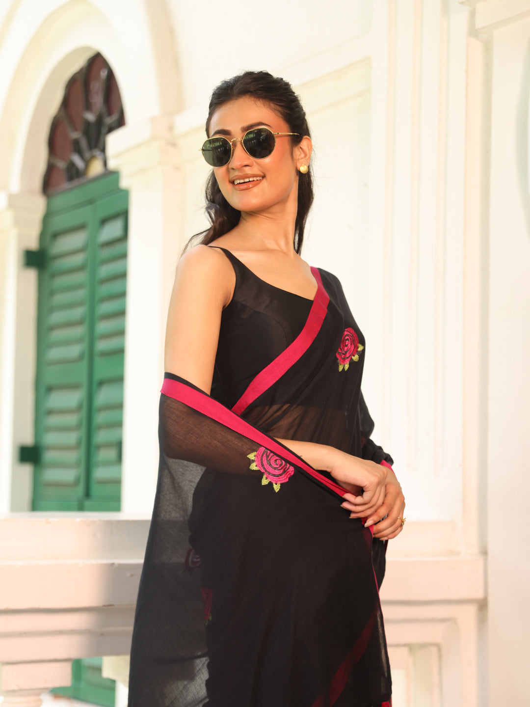 Black Rose Mulmul Cotton Saree