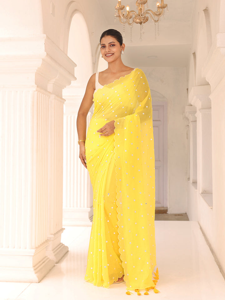 Yellow Mirror Mulmul Cotton Saree