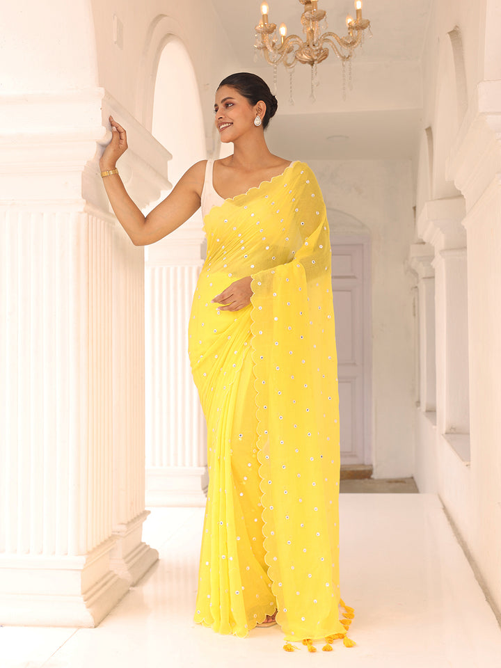 Yellow Mirror Mulmul Cotton Saree