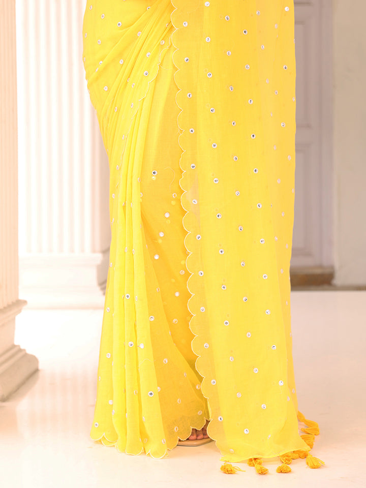 Yellow Mirror Mulmul Cotton Saree