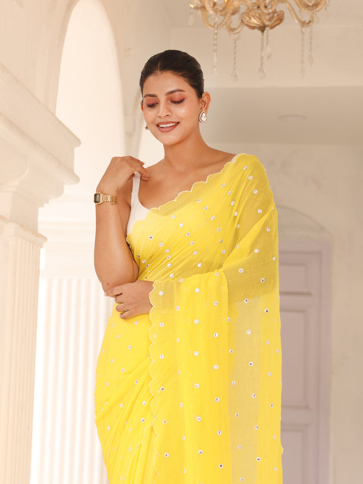 Yellow Mirror Mulmul Cotton Saree