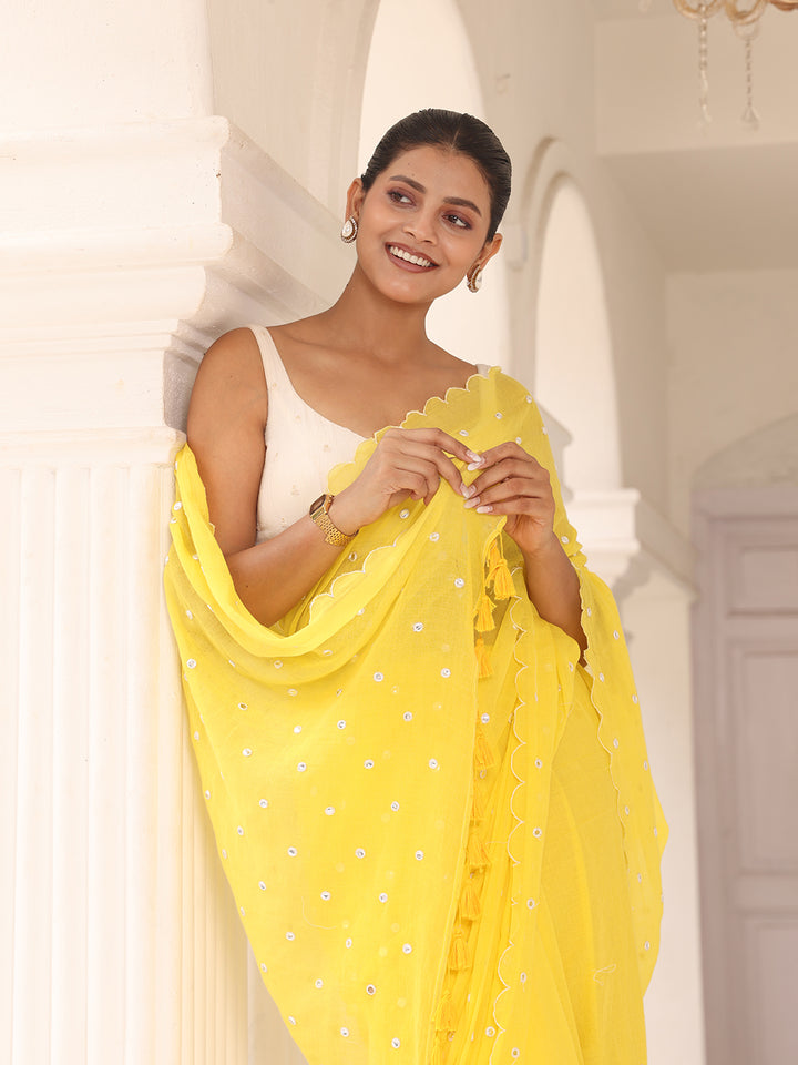 Yellow Mirror Mulmul Cotton Saree