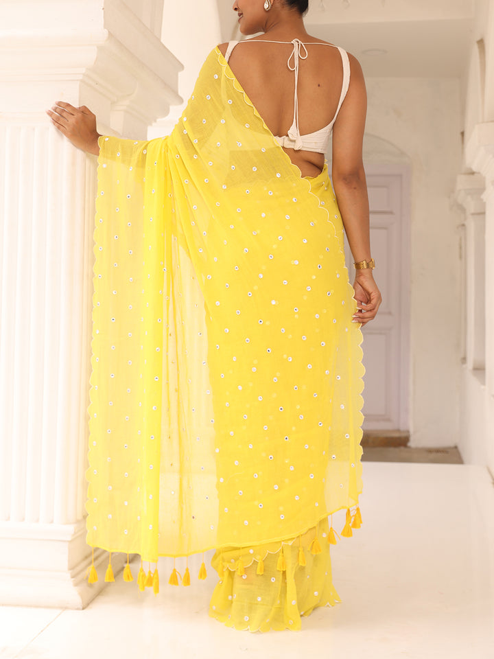 Yellow Mirror Mulmul Cotton Saree