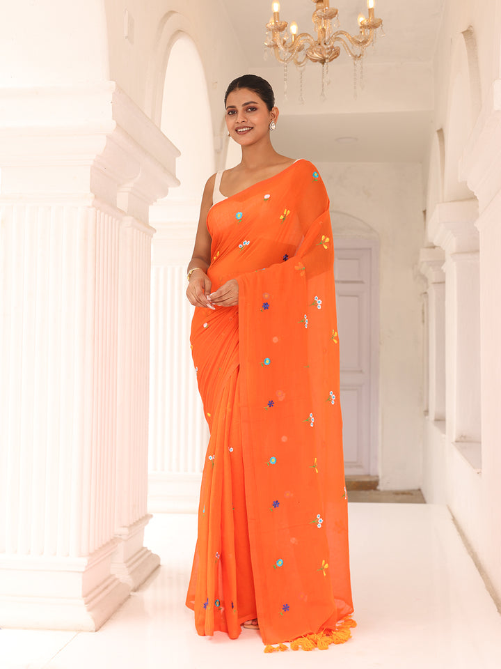 Orange Embroidered Mulmul Cotton Saree
