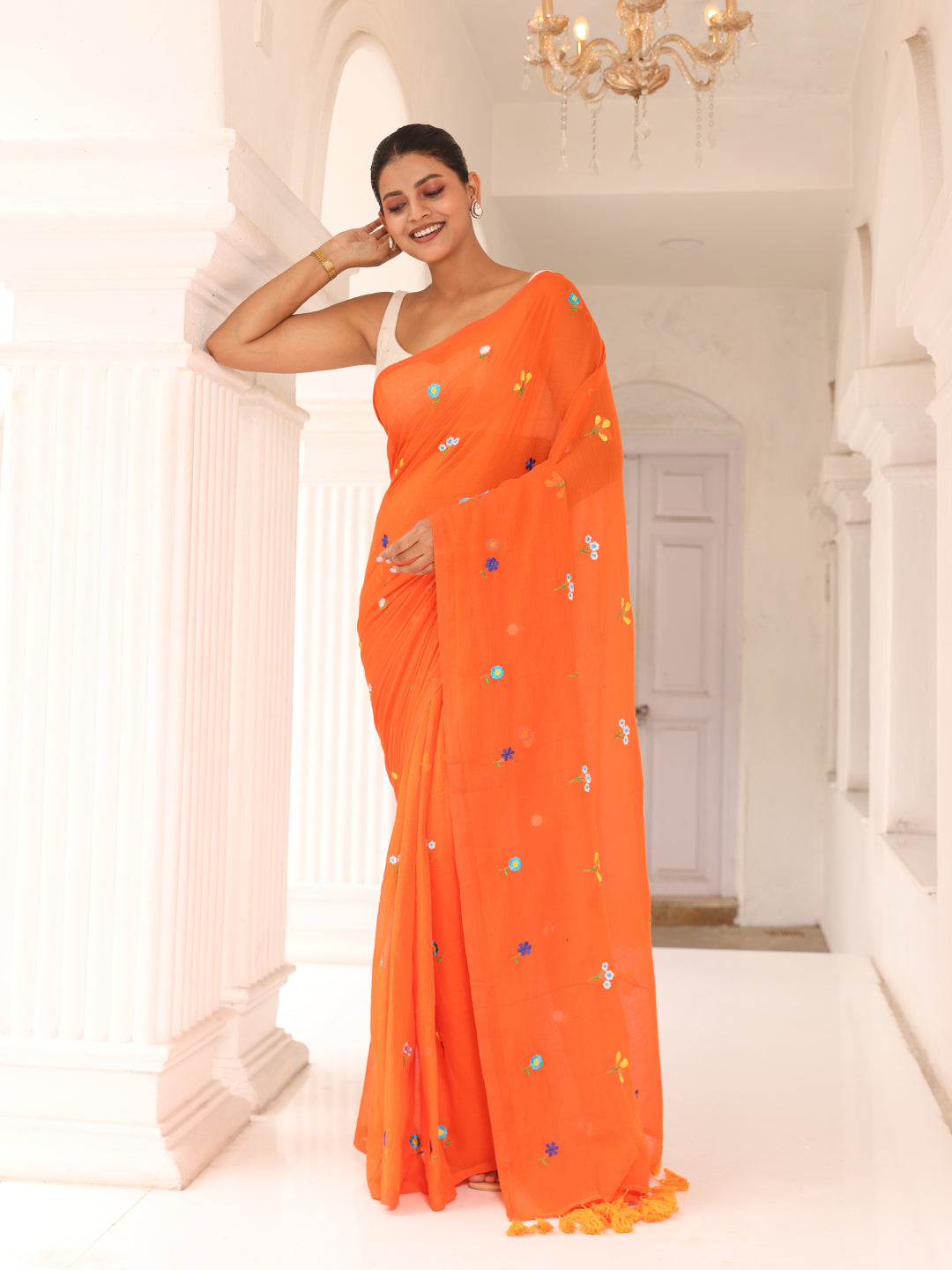 Orange Embroidered Mulmul Cotton Saree