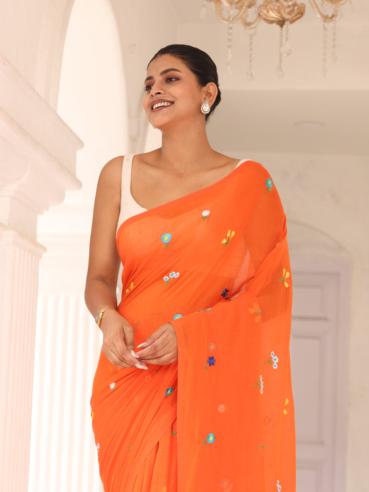 Orange Embroidered Mulmul Cotton Saree