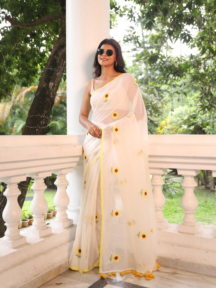 White Sunflower Mulmul Cotton Saree