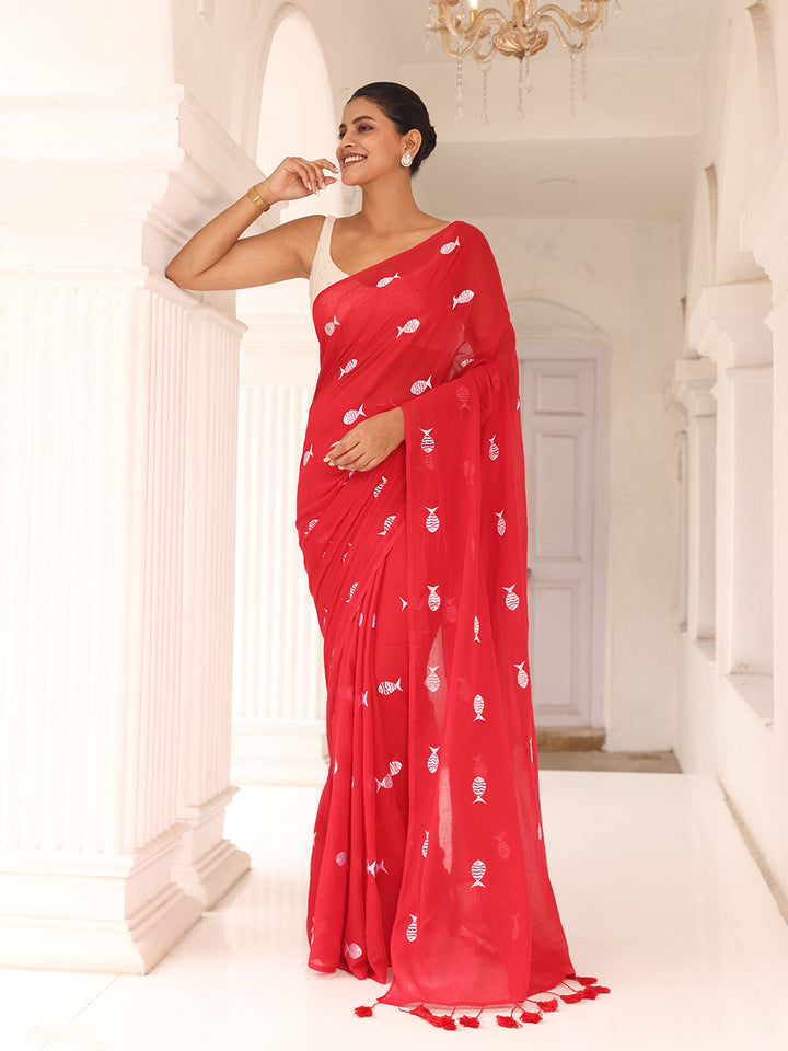 Red Fish Embroidered Mulmul Cotton Saree