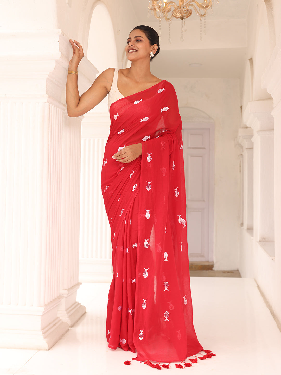 Red Fish Embroidered Mulmul Cotton Saree