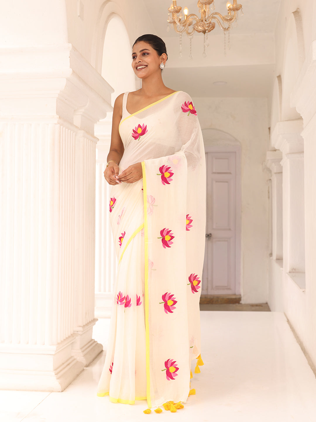 White Lotus Embroidered Mulmul Cotton Saree