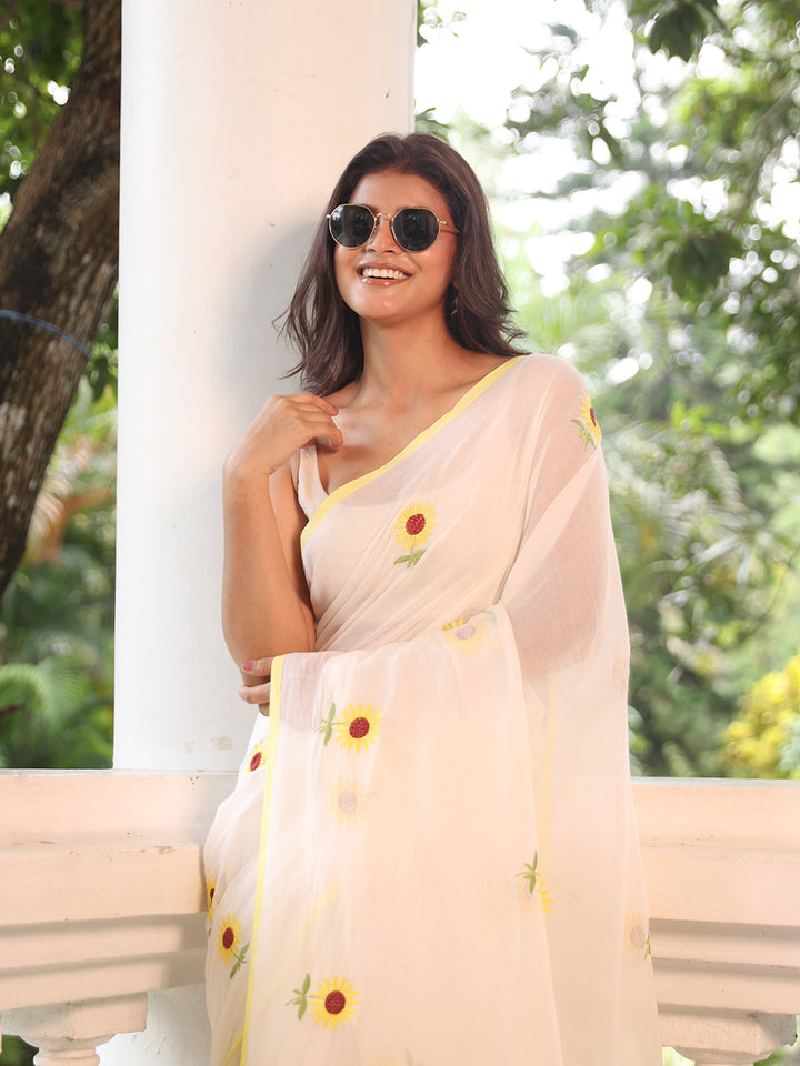 White Sunflower Mulmul Cotton Saree