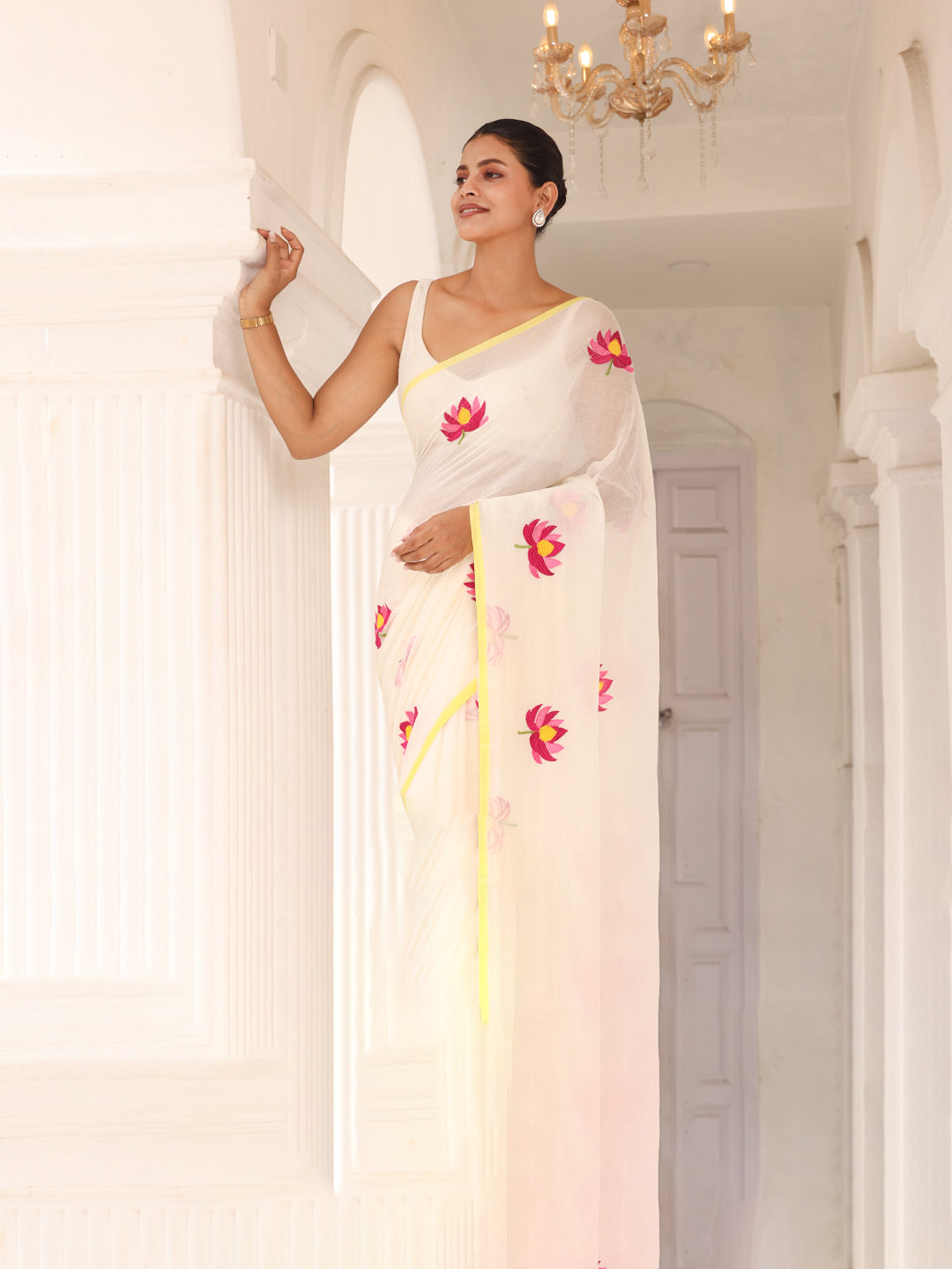 White Lotus Embroidered Mulmul Cotton Saree