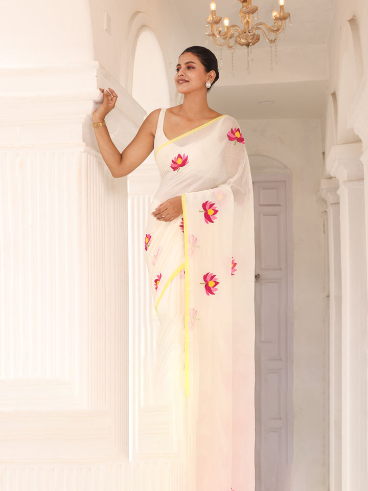 White Lotus Embroidered Mulmul Cotton Saree