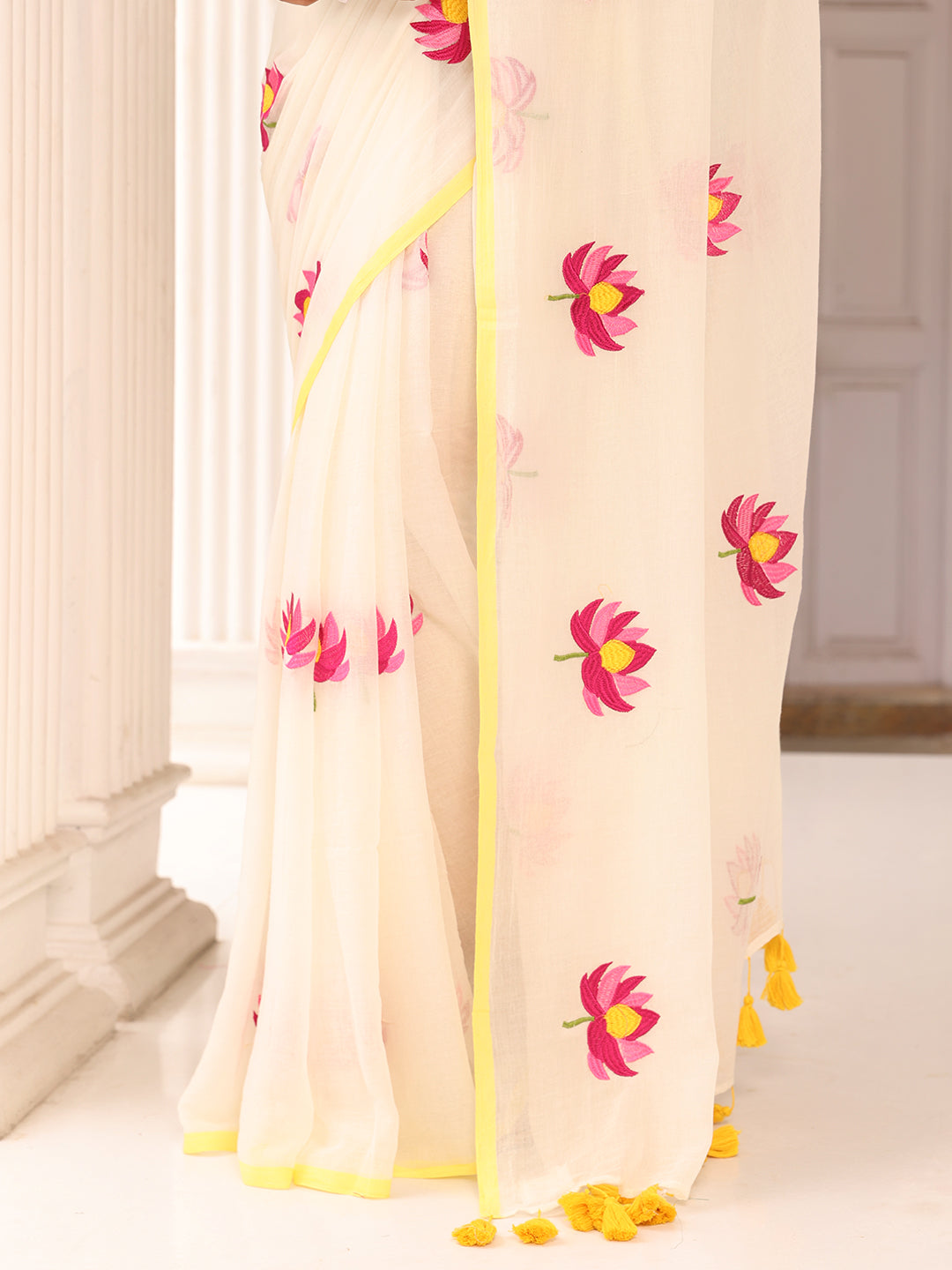 White Lotus Embroidered Mulmul Cotton Saree