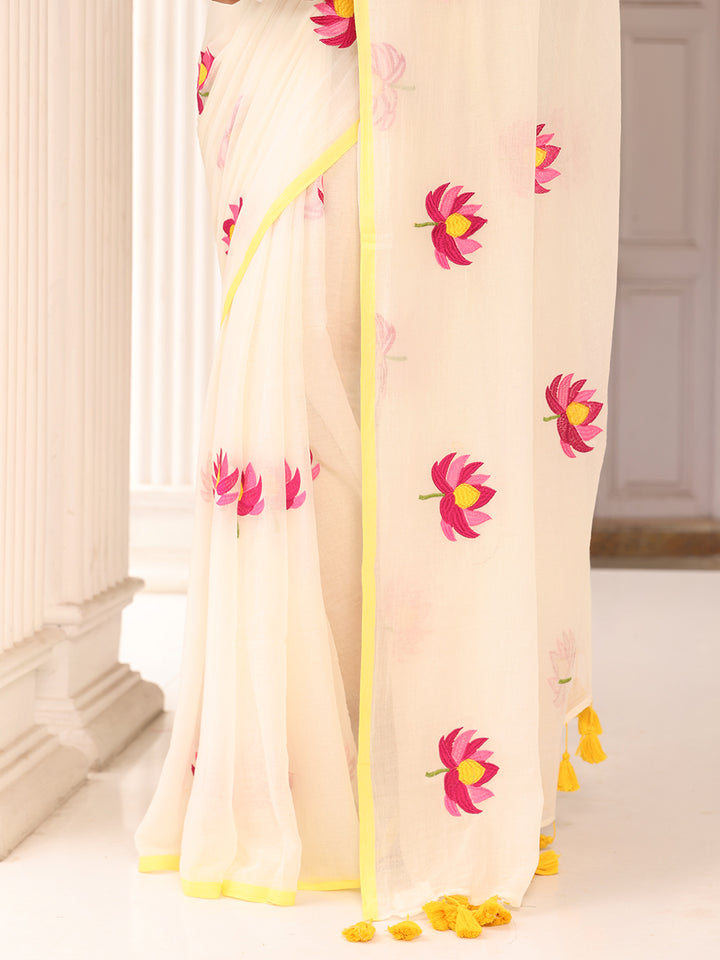 White Lotus Embroidered Mulmul Cotton Saree