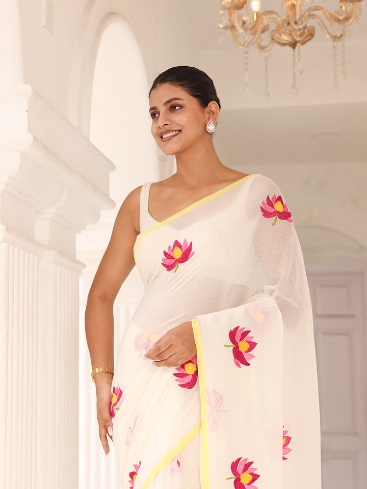 White Lotus Embroidered Mulmul Cotton Saree
