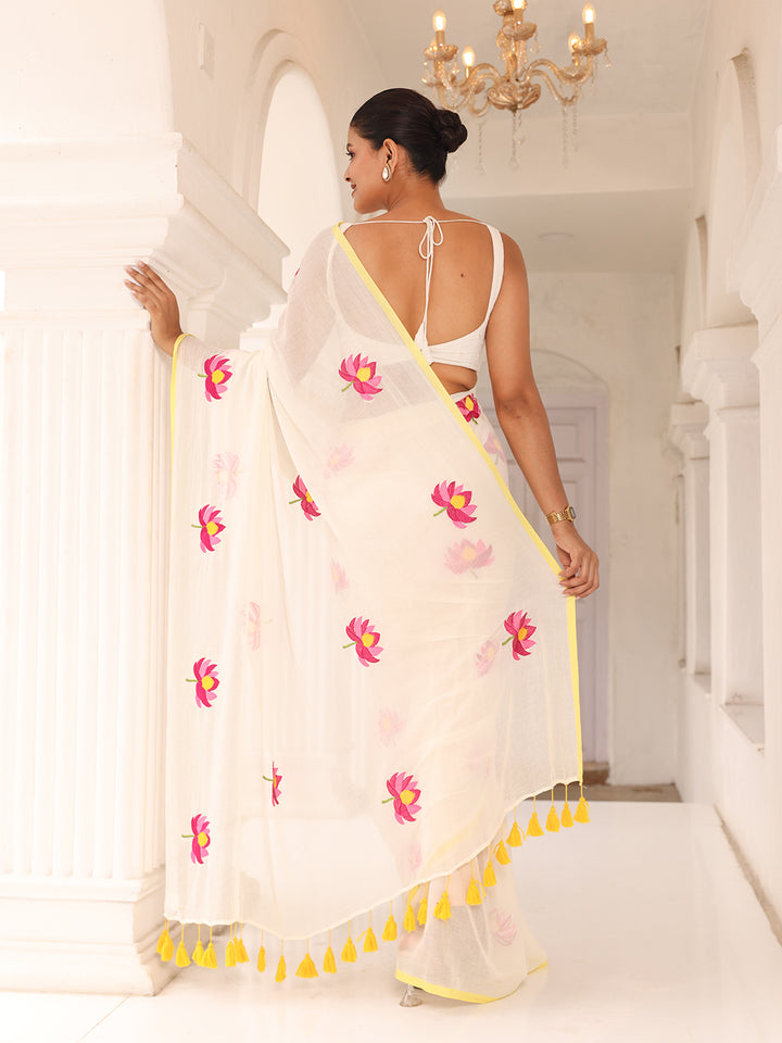 White Lotus Embroidered Mulmul Cotton Saree