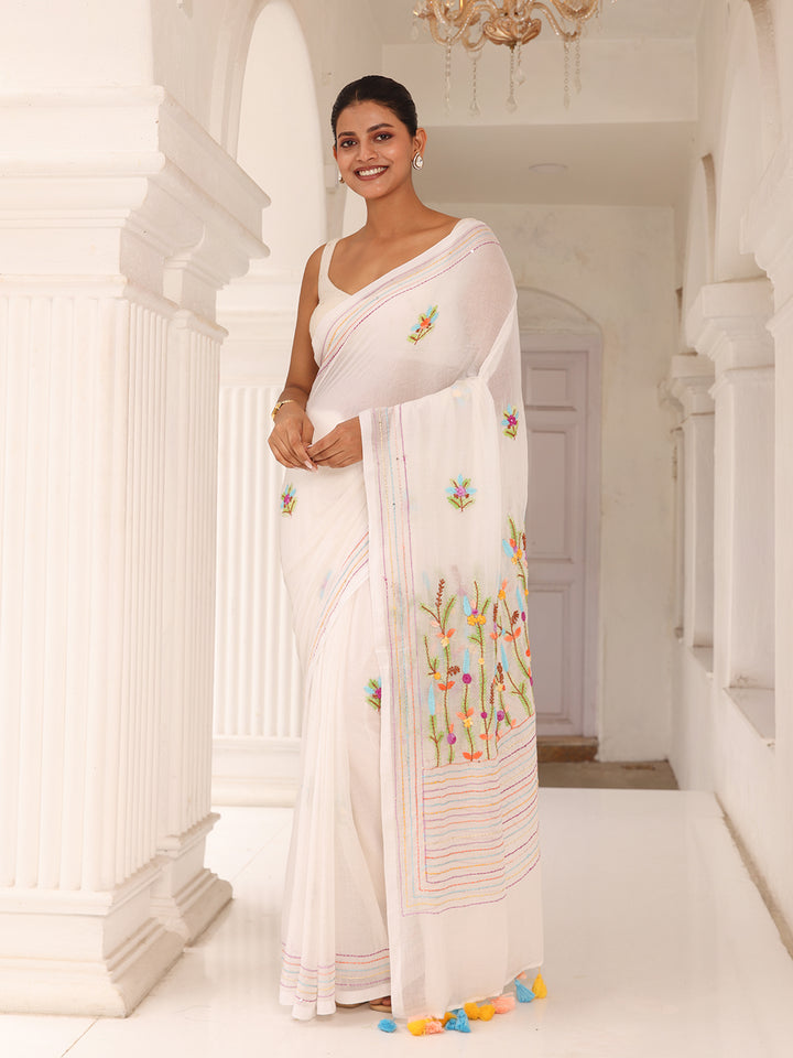 White Embroidered Mulmul Cotton Saree