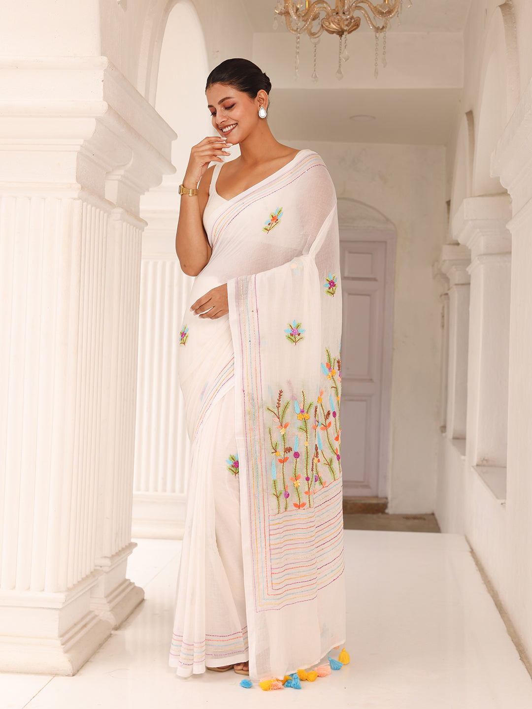 White Embroidered Mulmul Cotton Saree