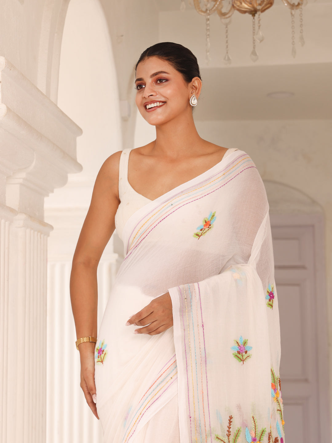 White Embroidered Mulmul Cotton Saree