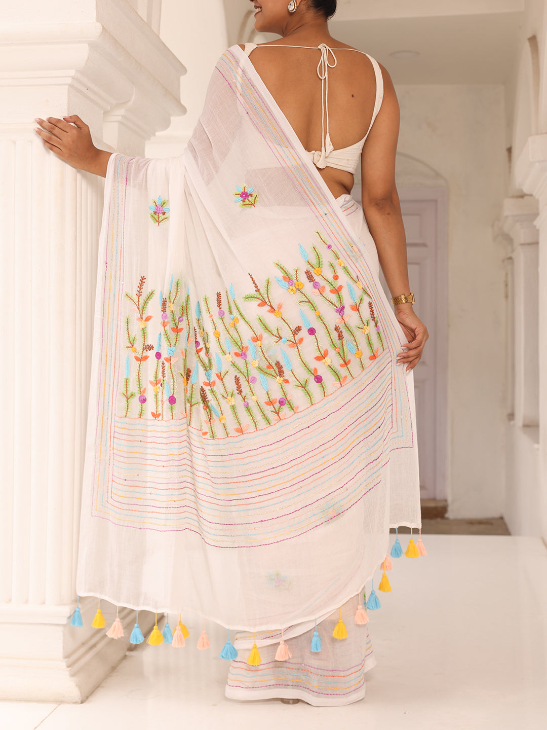 White Embroidered Mulmul Cotton Saree