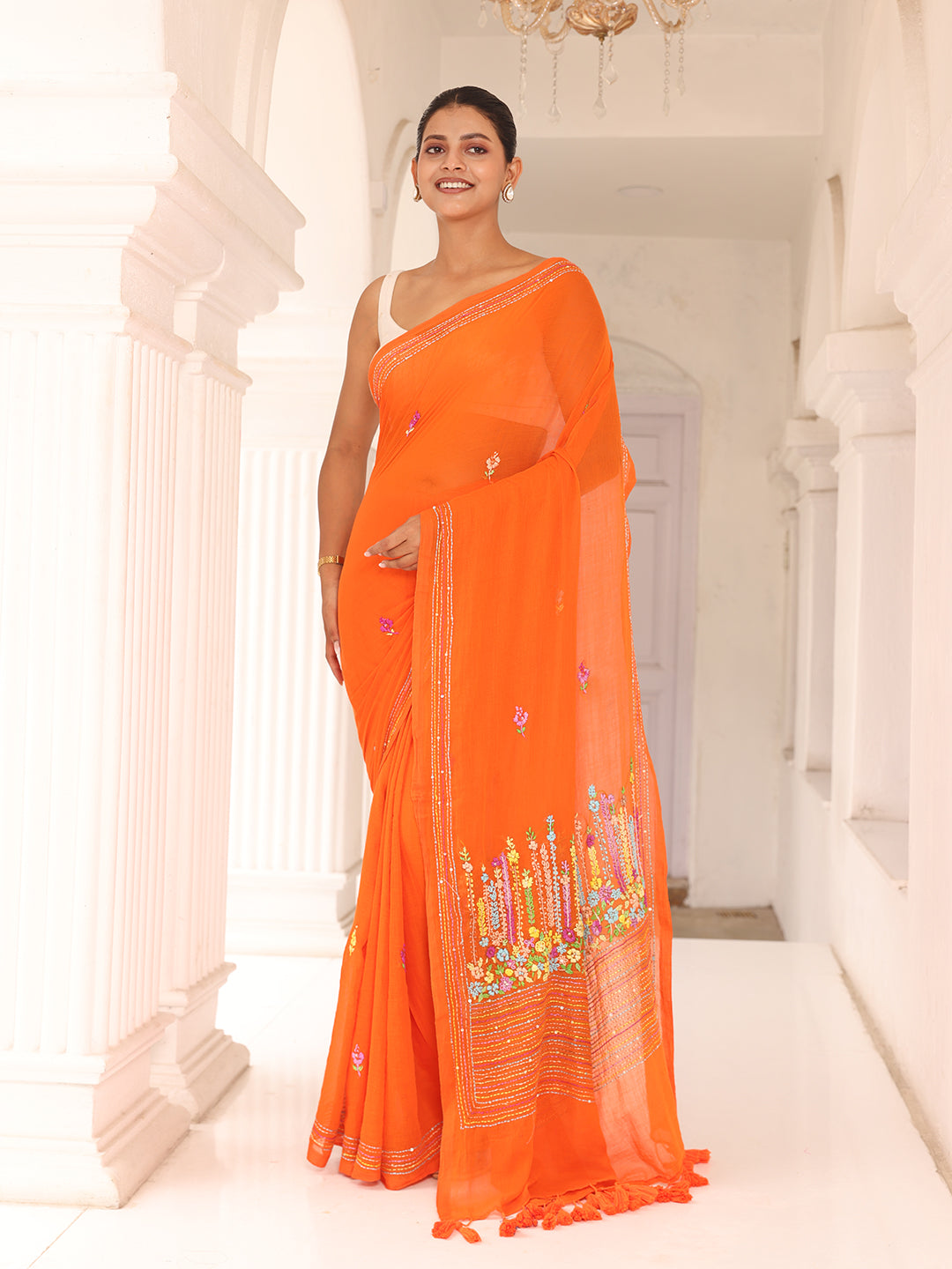 Orange Embroidered Mulmul Cotton Saree