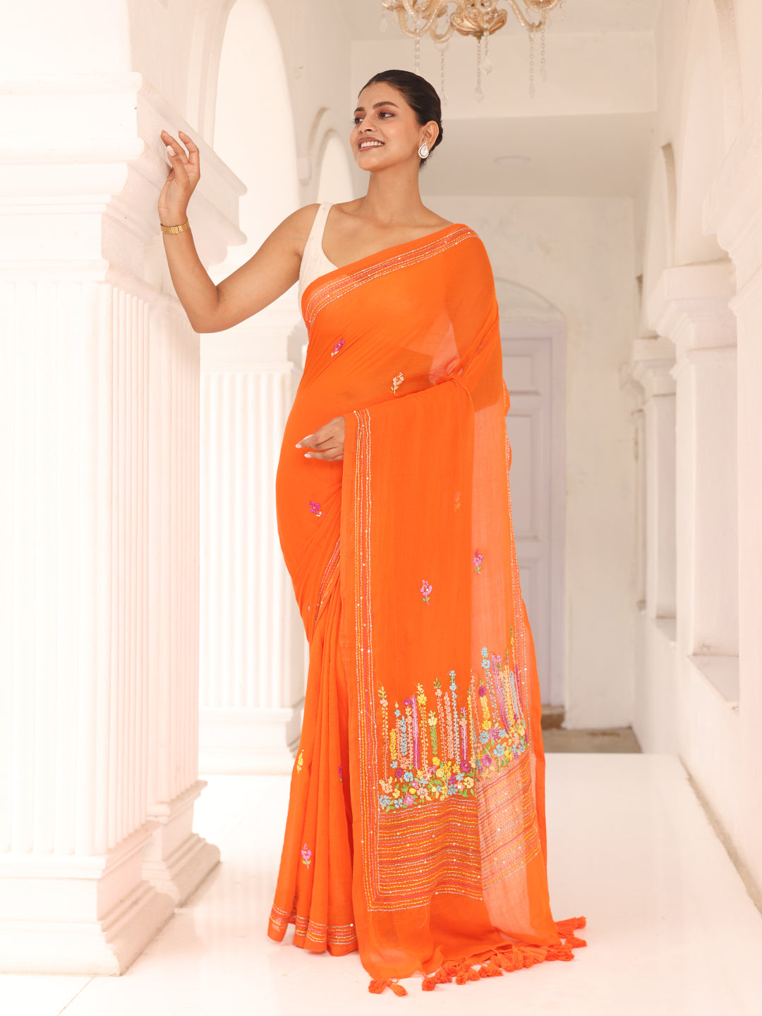 Orange Embroidered Mulmul Cotton Saree
