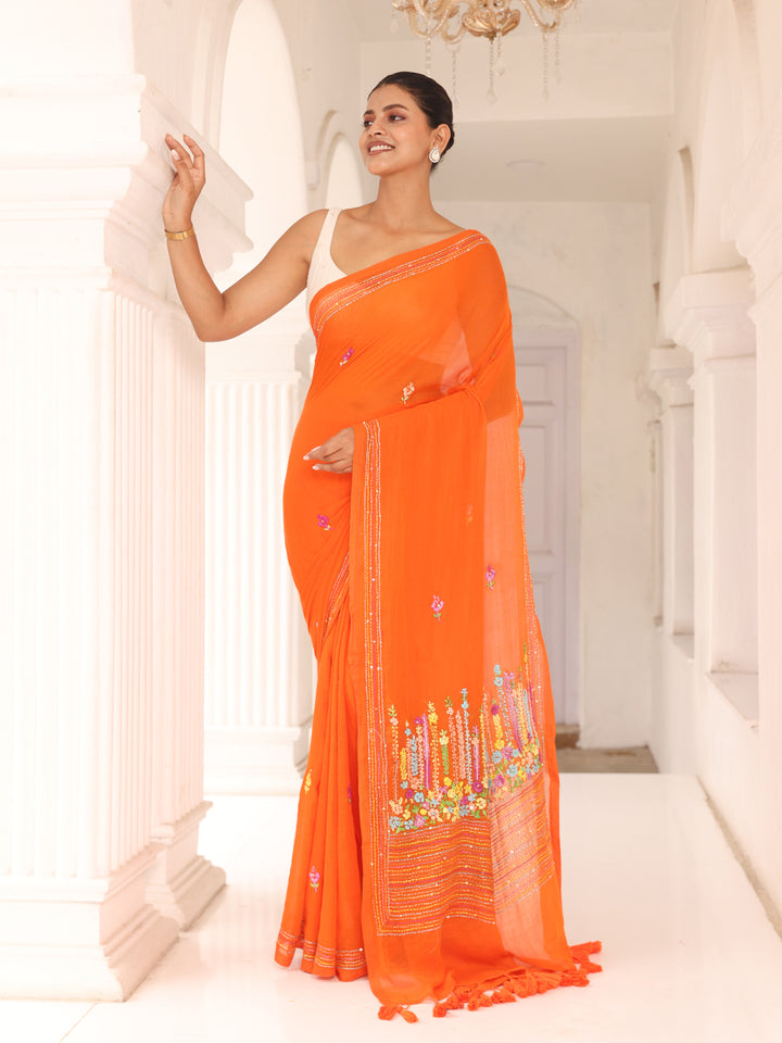 Orange Embroidered Mulmul Cotton Saree